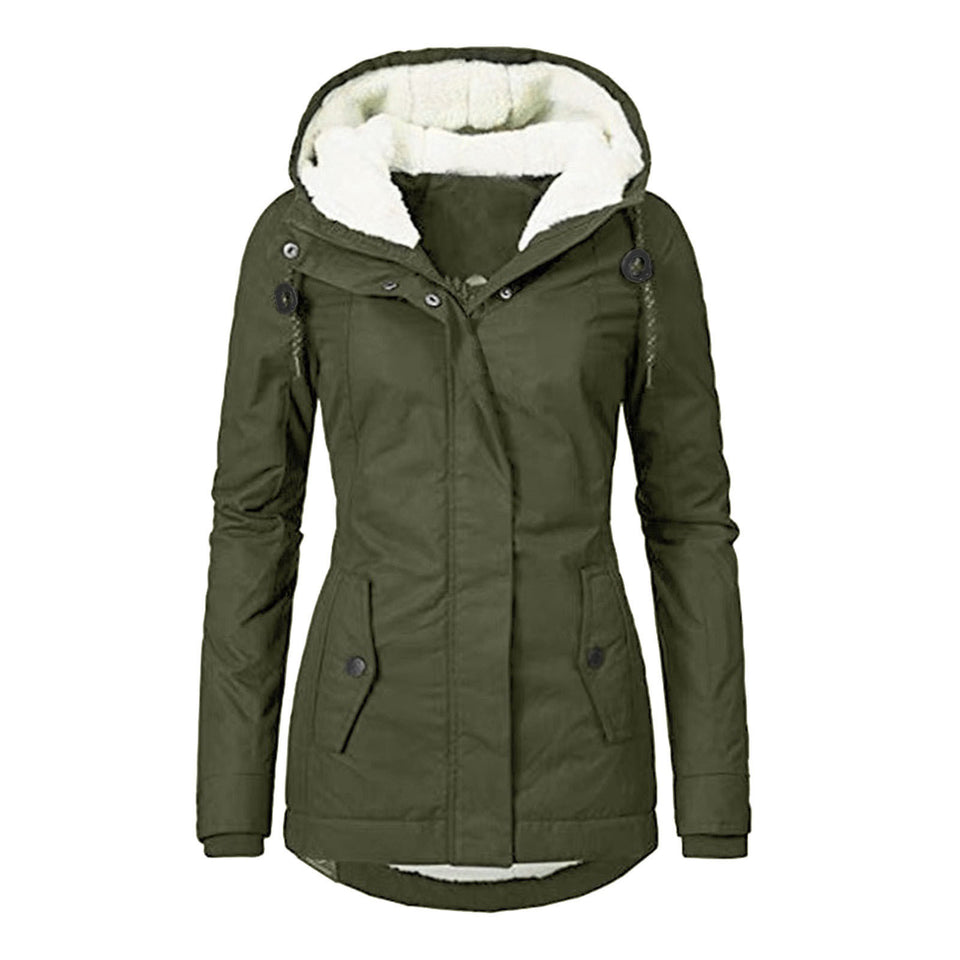 Winter Hooded Jacket Solid Color Warm Buckle Zip-up Fleece Jacket With Pockets Women's Casual Jacket