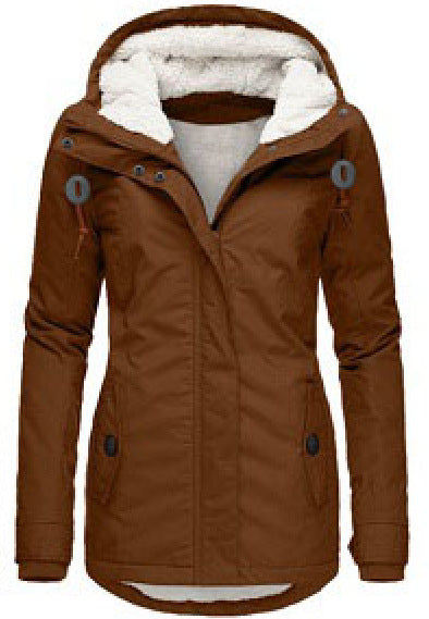 Winter Hooded Jacket Solid Color Warm Buckle Zip-up Fleece Jacket With Pockets Women's Casual Jacket