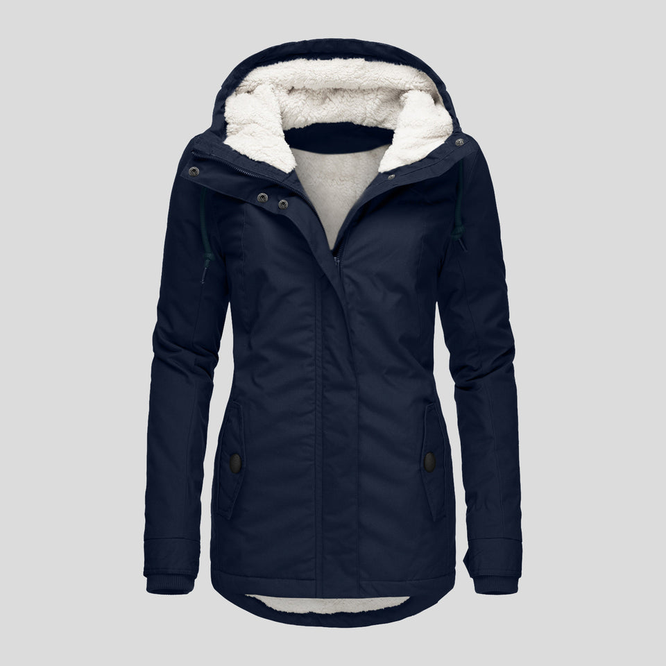 Winter Hooded Jacket Solid Color Warm Buckle Zip-up Fleece Jacket With Pockets Women's Casual Jacket