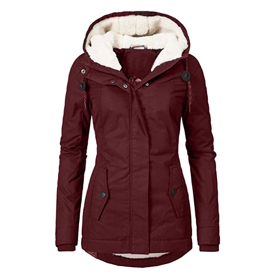 Winter Hooded Jacket Solid Color Warm Buckle Zip-up Fleece Jacket With Pockets Women's Casual Jacket
