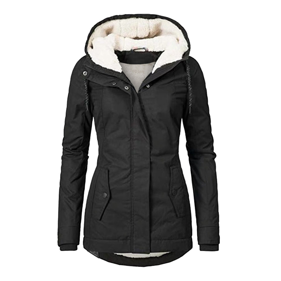 Winter Hooded Jacket Solid Color Warm Buckle Zip-up Fleece Jacket With Pockets Women's Casual Jacket
