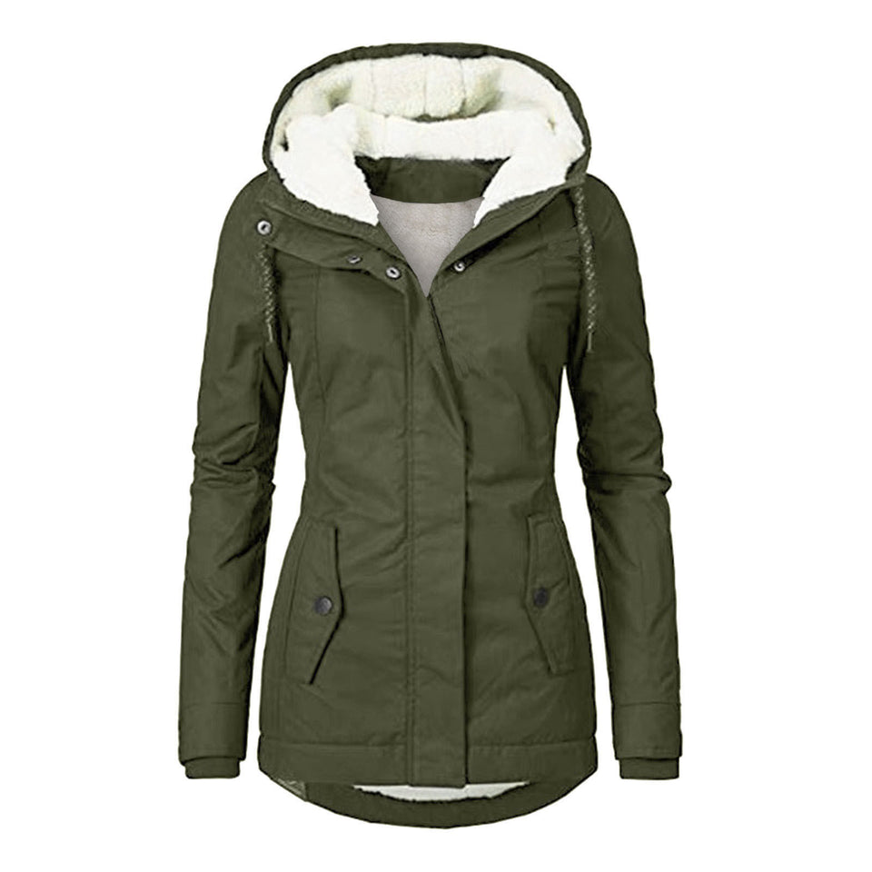 Winter Hooded Jacket Solid Color Warm Buckle Zip-up Fleece Jacket With Pockets Women's Casual Jacket
